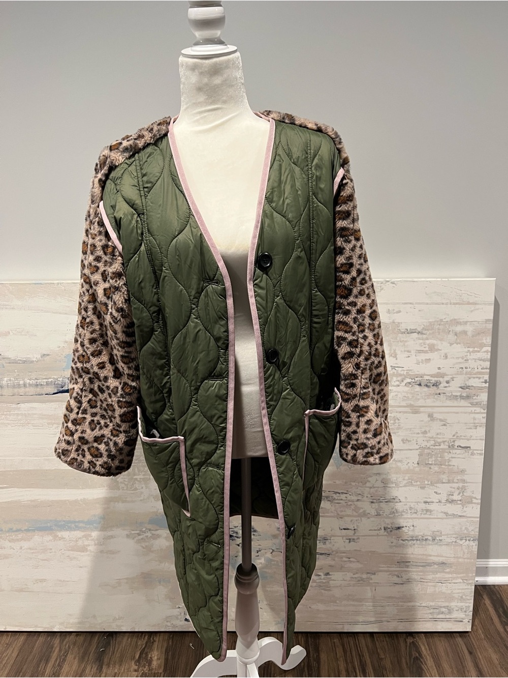 Anthropologie Quilted Olive Green Coat with Leopard Print Sleeves; size XS